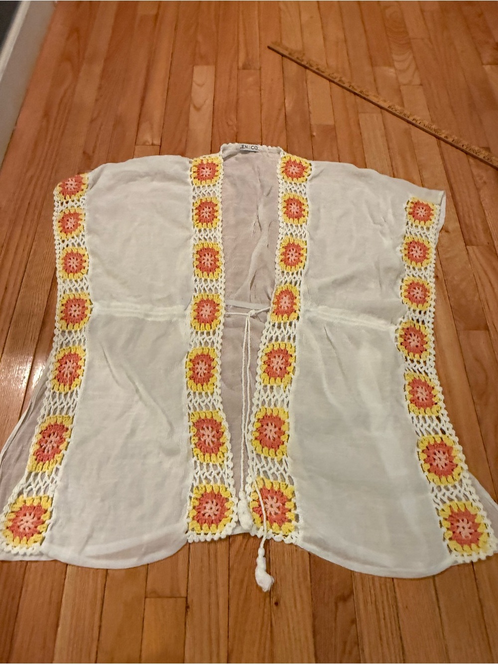 Sheer White Beach Cover-Up Crochet Floral Trim boho swim beach coastal OSFM - Picture 3 of 11